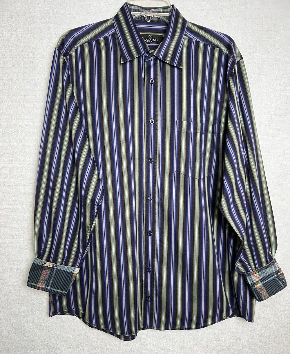 Bugatchi Uomo Men's Blue Striped Long Sleeve Dress Shirt Flip Cuffs Size Large
